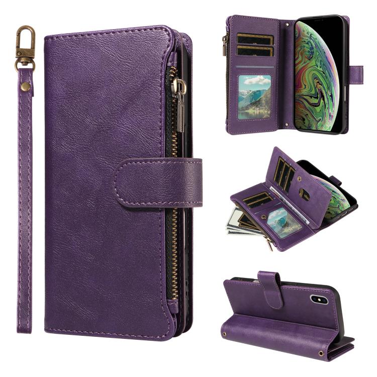 P03 Custodia per telefono in similpelle di vitello con 9 scomparti per carte, chiusura a cerniera e cinturino da polso, For iPhone XR, For iPhone XS Max, For iPhone 6 Plus / 7 Plus / 8 Plus