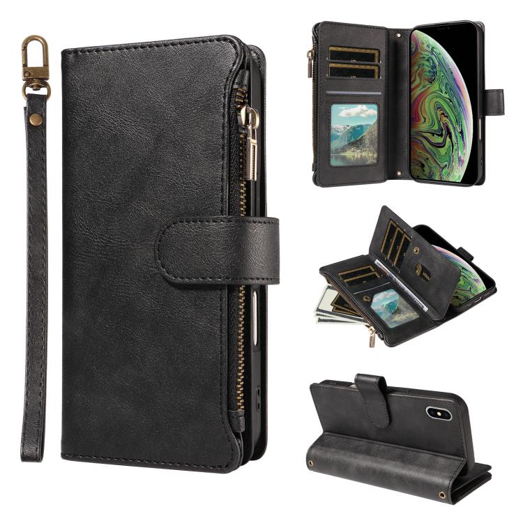 P03 Custodia per telefono in similpelle di vitello con 9 scomparti per carte, chiusura a cerniera e cinturino da polso, For iPhone XR, For iPhone XS Max, For iPhone 6 Plus / 7 Plus / 8 Plus
