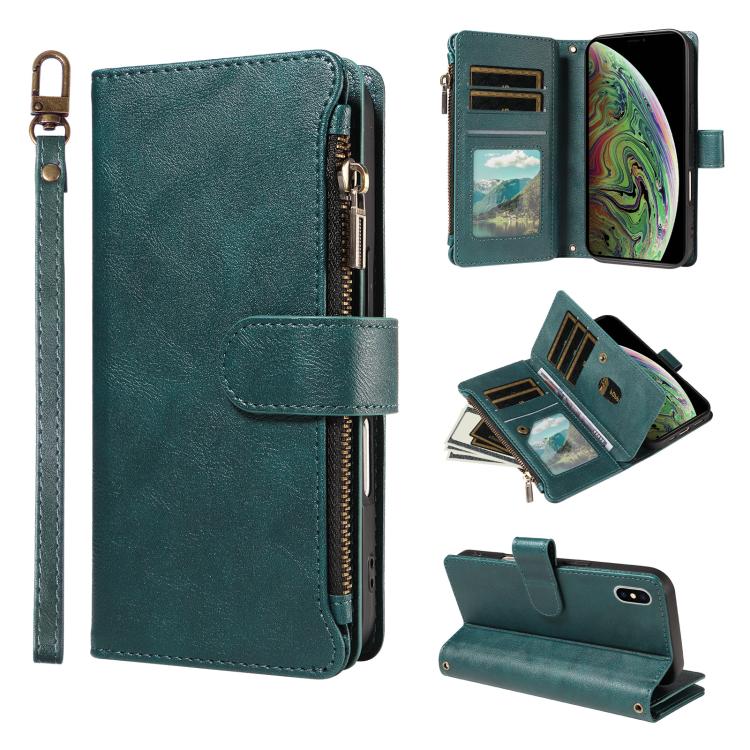P03 Custodia per telefono in similpelle di vitello con 9 scomparti per carte, chiusura a cerniera e cinturino da polso, For iPhone XR, For iPhone XS Max, For iPhone 6 Plus / 7 Plus / 8 Plus