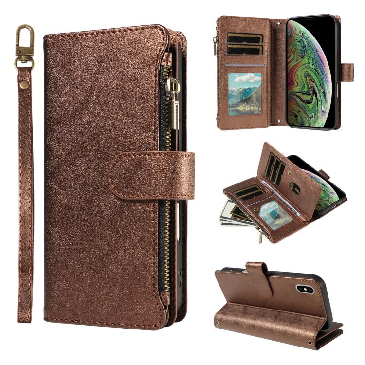 P03 Custodia per telefono in similpelle di vitello con 9 scomparti per carte, chiusura a cerniera e cinturino da polso, For iPhone XR, For iPhone XS Max, For iPhone 6 Plus / 7 Plus / 8 Plus