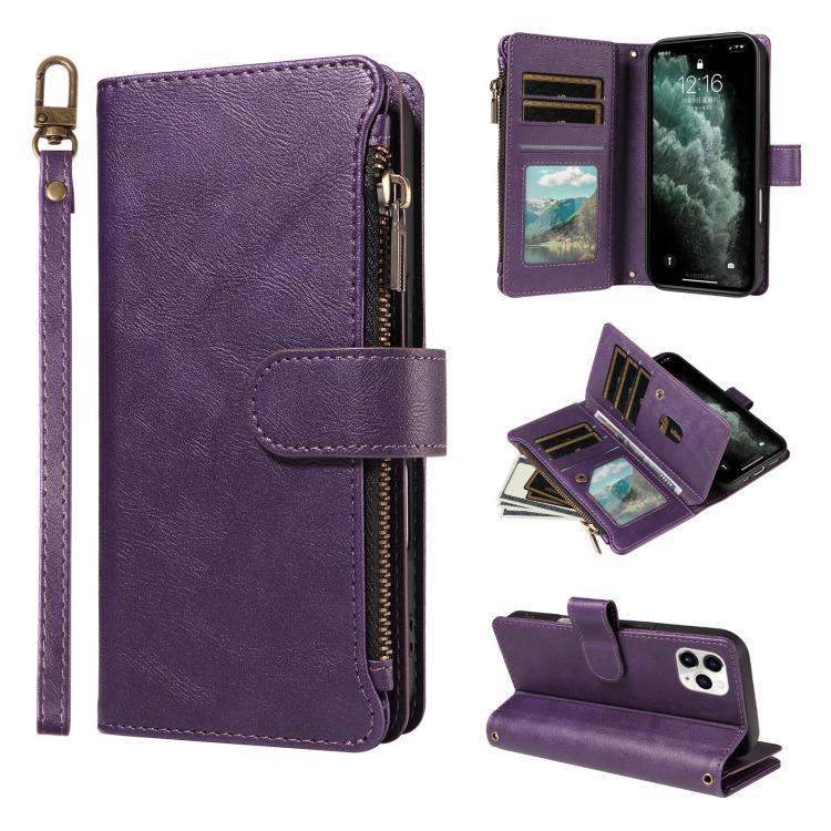 P03 Custodia per telefono in similpelle di vitello con 9 scomparti per carte, chiusura a cerniera e cinturino da polso, For iPhone 11 Pro Max, For iPhone11, For iPhone 11 Pro, For iPhone X / XS