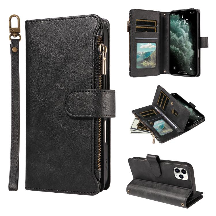P03 Custodia per telefono in similpelle di vitello con 9 scomparti per carte, chiusura a cerniera e cinturino da polso, For iPhone 11 Pro Max, For iPhone11, For iPhone 11 Pro, For iPhone X / XS
