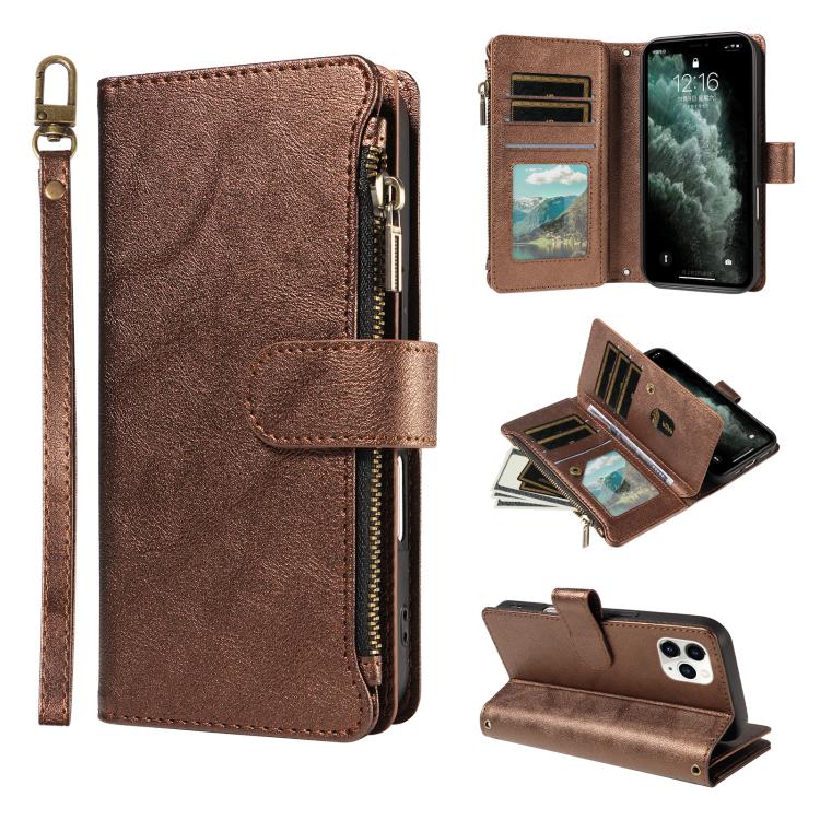 P03 Custodia per telefono in similpelle di vitello con 9 scomparti per carte, chiusura a cerniera e cinturino da polso, For iPhone 11 Pro Max, For iPhone11, For iPhone 11 Pro, For iPhone X / XS