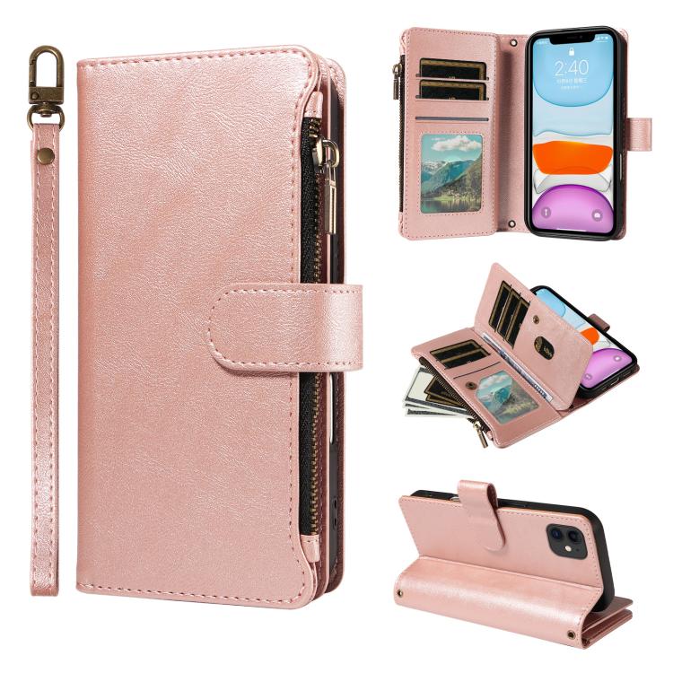 P03 Custodia per telefono in similpelle di vitello con 9 scomparti per carte, chiusura a cerniera e cinturino da polso, For iPhone 11 Pro Max, For iPhone11, For iPhone 11 Pro, For iPhone X / XS