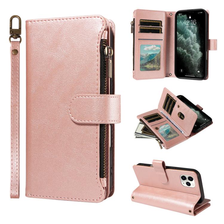 P03 Custodia per telefono in similpelle di vitello con 9 scomparti per carte, chiusura a cerniera e cinturino da polso, For iPhone 11 Pro Max, For iPhone11, For iPhone 11 Pro, For iPhone X / XS