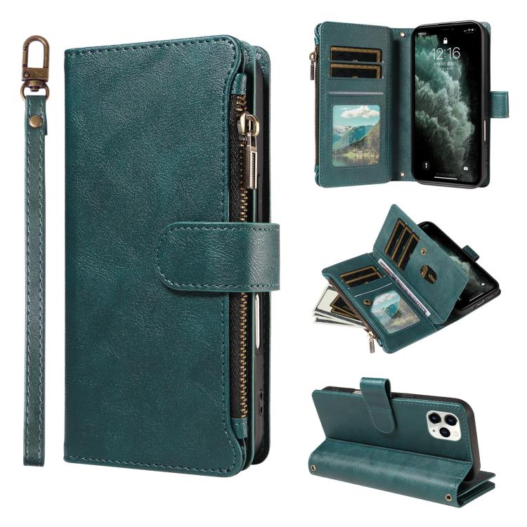 P03 Custodia per telefono in similpelle di vitello con 9 scomparti per carte, chiusura a cerniera e cinturino da polso, For iPhone 11 Pro Max, For iPhone11, For iPhone 11 Pro, For iPhone X / XS