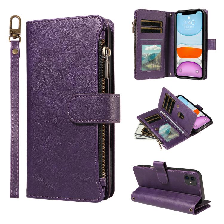 P03 Custodia per telefono in similpelle di vitello con 9 scomparti per carte, chiusura a cerniera e cinturino da polso, For iPhone 13 mini, For iPhone 12 / 12 Pro, For iPhone 12 Pro Max, For iPhone 12 mini