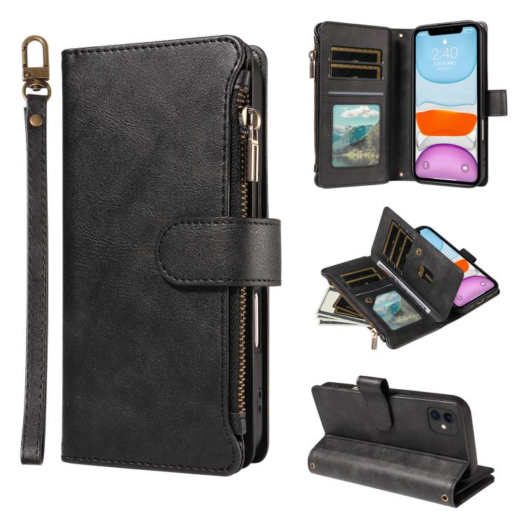 P03 Custodia per telefono in similpelle di vitello con 9 scomparti per carte, chiusura a cerniera e cinturino da polso, For iPhone 13 mini, For iPhone 12 / 12 Pro, For iPhone 12 Pro Max, For iPhone 12 mini