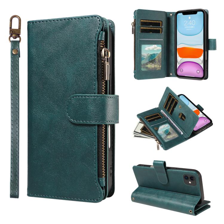 P03 Custodia per telefono in similpelle di vitello con 9 scomparti per carte, chiusura a cerniera e cinturino da polso, For iPhone 13 mini, For iPhone 12 / 12 Pro, For iPhone 12 Pro Max, For iPhone 12 mini