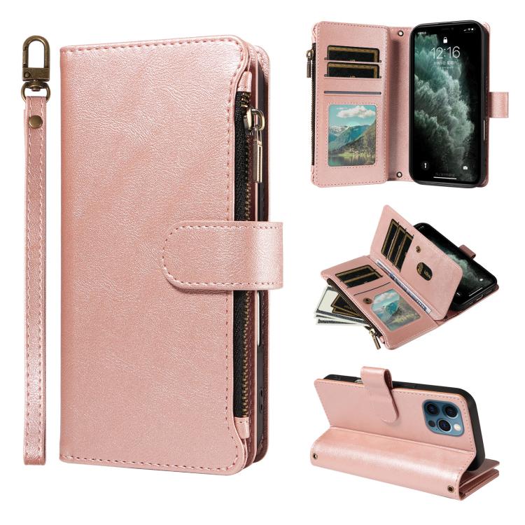 P03 Custodia per telefono in similpelle di vitello con 9 scomparti per carte, chiusura a cerniera e cinturino da polso, For iPhone 13 mini, For iPhone 12 / 12 Pro, For iPhone 12 Pro Max, For iPhone 12 mini