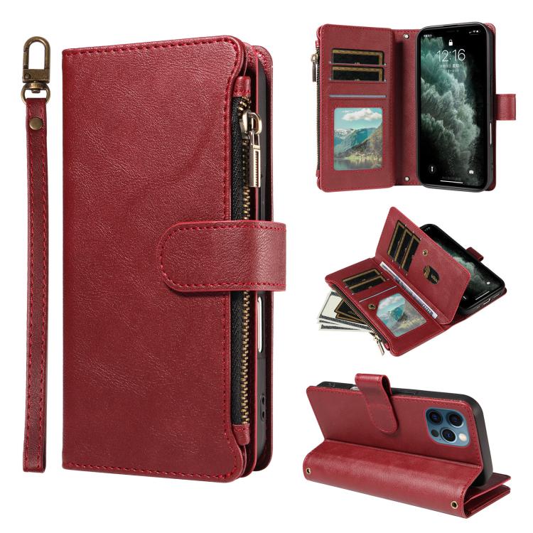 P03 Custodia per telefono in similpelle di vitello con 9 scomparti per carte, chiusura a cerniera e cinturino da polso, For iPhone 13 mini, For iPhone 12 / 12 Pro, For iPhone 12 Pro Max, For iPhone 12 mini