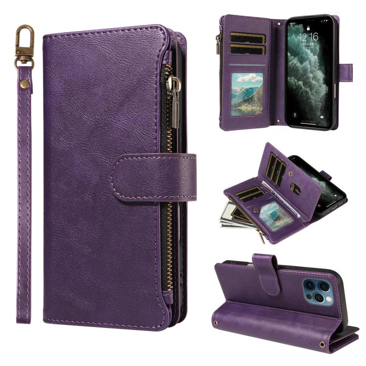 P03 Custodia per telefono in similpelle di vitello con 9 scomparti per carte, chiusura a cerniera e cinturino da polso, For iPhone 13 mini, For iPhone 12 / 12 Pro, For iPhone 12 Pro Max, For iPhone 12 mini