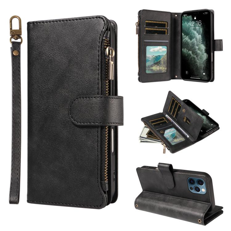 P03 Custodia per telefono in similpelle di vitello con 9 scomparti per carte, chiusura a cerniera e cinturino da polso, For iPhone 13 mini, For iPhone 12 / 12 Pro, For iPhone 12 Pro Max, For iPhone 12 mini