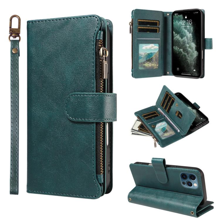 P03 Custodia per telefono in similpelle di vitello con 9 scomparti per carte, chiusura a cerniera e cinturino da polso, For iPhone 13 mini, For iPhone 12 / 12 Pro, For iPhone 12 Pro Max, For iPhone 12 mini