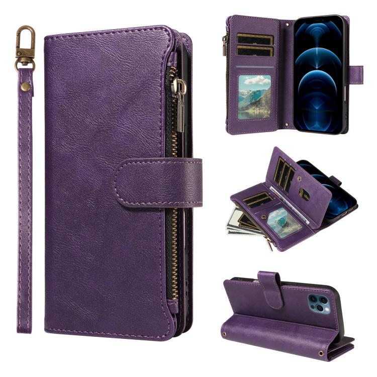 P03 Custodia per telefono in similpelle di vitello con 9 scomparti per carte, chiusura a cerniera e cinturino da polso, For iPhone 13 mini, For iPhone 12 / 12 Pro, For iPhone 12 Pro Max, For iPhone 12 mini