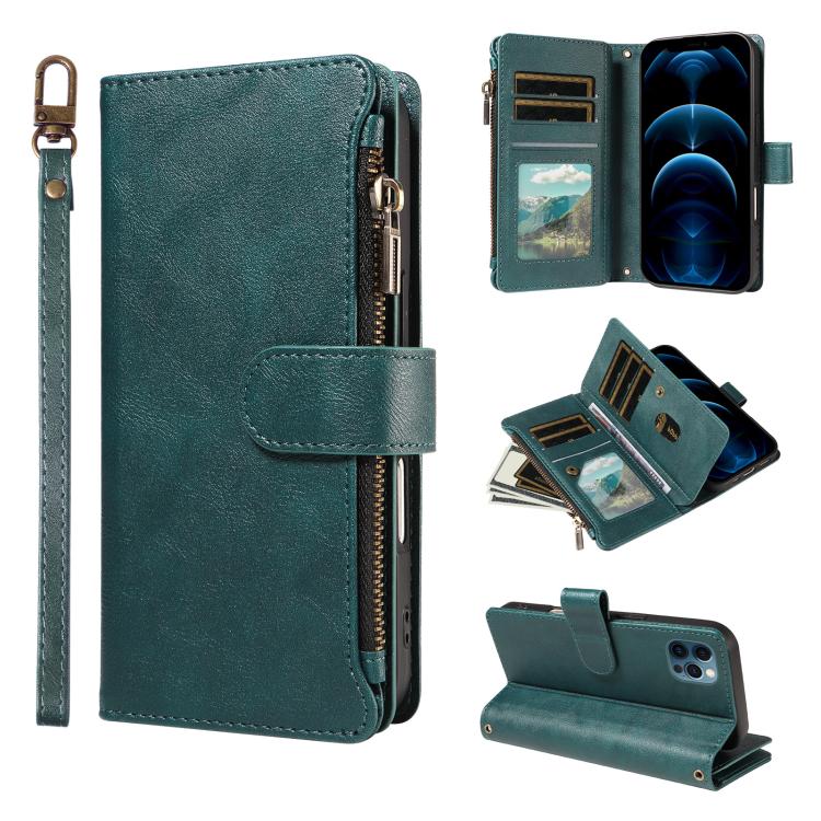 P03 Custodia per telefono in similpelle di vitello con 9 scomparti per carte, chiusura a cerniera e cinturino da polso, For iPhone 13 mini, For iPhone 12 / 12 Pro, For iPhone 12 Pro Max, For iPhone 12 mini