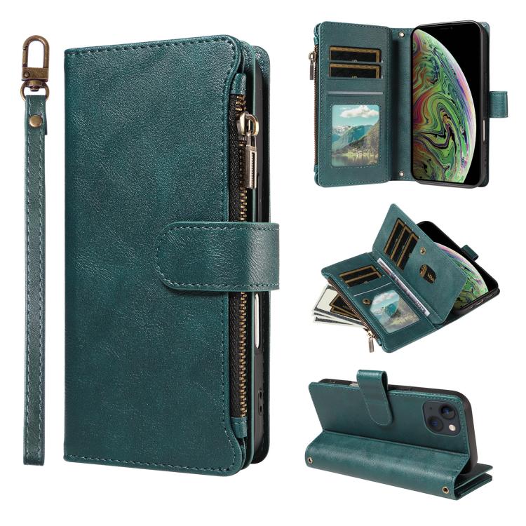 P03 Custodia per telefono in similpelle di vitello con 9 scomparti per carte, chiusura a cerniera e cinturino da polso, For iPhone 15, For iPhone 14 Plus, For iPhone 14 / 13, For iPhone 14 Pro