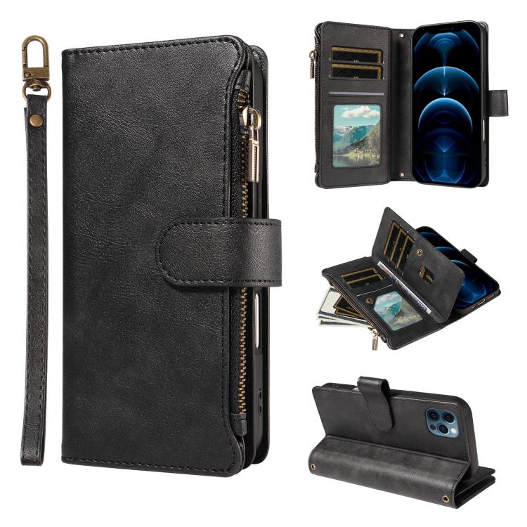 P03 Custodia per telefono in similpelle di vitello con 9 scomparti per carte, chiusura a cerniera e cinturino da polso, For iPhone 14 Pro Max, For iphone 6 / 7 / 8 / SE2 2020 / SE3 2022, For iPhone 13 Pro Max, For iPhone 13 Pro