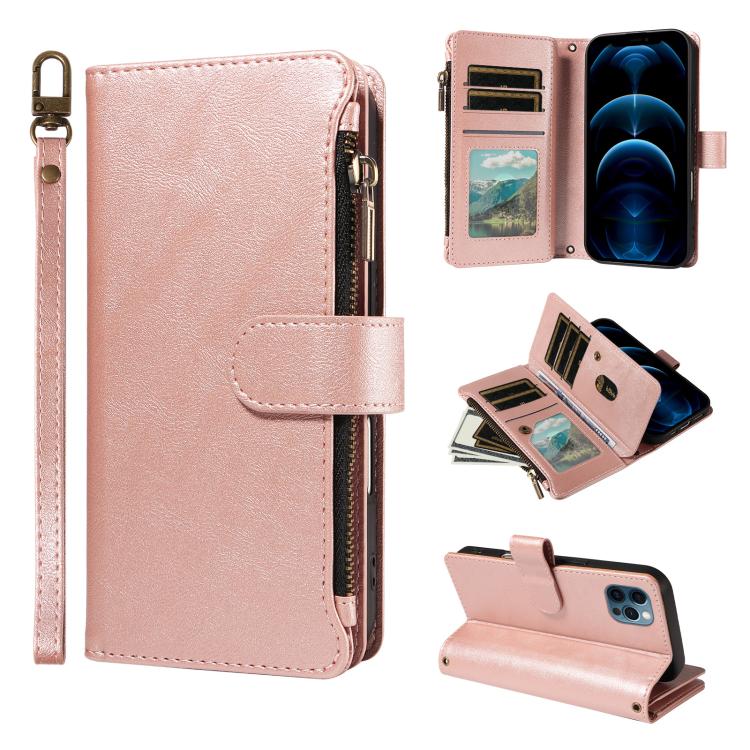 P03 Custodia per telefono in similpelle di vitello con 9 scomparti per carte, chiusura a cerniera e cinturino da polso, For iPhone 14 Pro Max, For iphone 6 / 7 / 8 / SE2 2020 / SE3 2022, For iPhone 13 Pro Max, For iPhone 13 Pro
