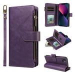 P03 Custodia per telefono in similpelle di vitello con 9 scomparti per carte, chiusura a cerniera e cinturino da polso, For iPhone 15, For iPhone 14 Plus, For iPhone 14 / 13, For iPhone 14 Pro