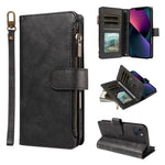 P03 Custodia per telefono in similpelle di vitello con 9 scomparti per carte, chiusura a cerniera e cinturino da polso, For iPhone 15, For iPhone 14 Plus, For iPhone 14 / 13, For iPhone 14 Pro