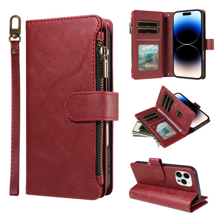 P03 Custodia per telefono in similpelle di vitello con 9 scomparti per carte, chiusura a cerniera e cinturino da polso, For iPhone 15, For iPhone 14 Plus, For iPhone 14 / 13, For iPhone 14 Pro