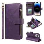 P03 Custodia per telefono in similpelle di vitello con 9 scomparti per carte, chiusura a cerniera e cinturino da polso, For iPhone 15, For iPhone 14 Plus, For iPhone 14 / 13, For iPhone 14 Pro