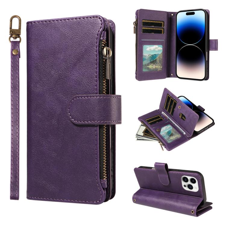 P03 Custodia per telefono in similpelle di vitello con 9 scomparti per carte, chiusura a cerniera e cinturino da polso, For iPhone 15, For iPhone 14 Plus, For iPhone 14 / 13, For iPhone 14 Pro