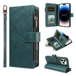 P03 Custodia per telefono in similpelle di vitello con 9 scomparti per carte, chiusura a cerniera e cinturino da polso, For iPhone 15, For iPhone 14 Plus, For iPhone 14 / 13, For iPhone 14 Pro