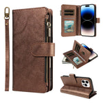 P03 Custodia per telefono in similpelle di vitello con 9 scomparti per carte, chiusura a cerniera e cinturino da polso, For iPhone 15, For iPhone 14 Plus, For iPhone 14 / 13, For iPhone 14 Pro