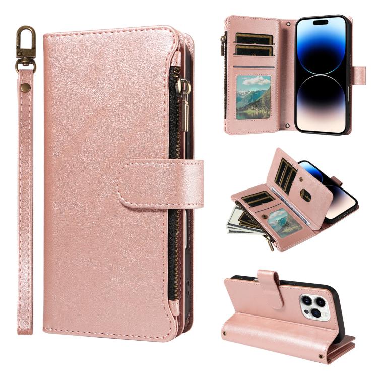 P03 Custodia per telefono in similpelle di vitello con 9 scomparti per carte, chiusura a cerniera e cinturino da polso, For iPhone 14 Pro Max, For iphone 6 / 7 / 8 / SE2 2020 / SE3 2022, For iPhone 13 Pro Max, For iPhone 13 Pro