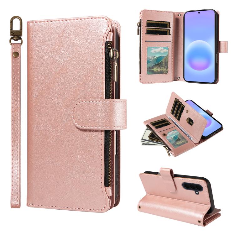 P03 Custodia per telefono in similpelle di vitello con 9 scomparti per carte, chiusura a cerniera e cinturino da polso, For Galaxy A57 5G, For Galaxy A37 5G, For Galaxy A27 5G, For Galaxy A07 5G / A06 5G / 4G