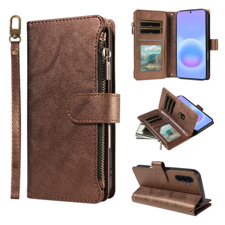 P03 Custodia per telefono in similpelle di vitello con 9 scomparti per carte, chiusura a cerniera e cinturino da polso, For Galaxy A57 5G, For Galaxy A37 5G, For Galaxy A27 5G, For Galaxy A07 5G / A06 5G / 4G