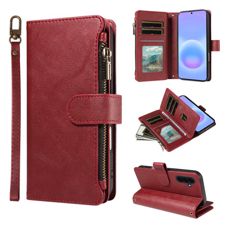 P03 Custodia per telefono in similpelle di vitello con 9 scomparti per carte, chiusura a cerniera e cinturino da polso, For Galaxy A57 5G, For Galaxy A37 5G, For Galaxy A27 5G, For Galaxy A07 5G / A06 5G / 4G