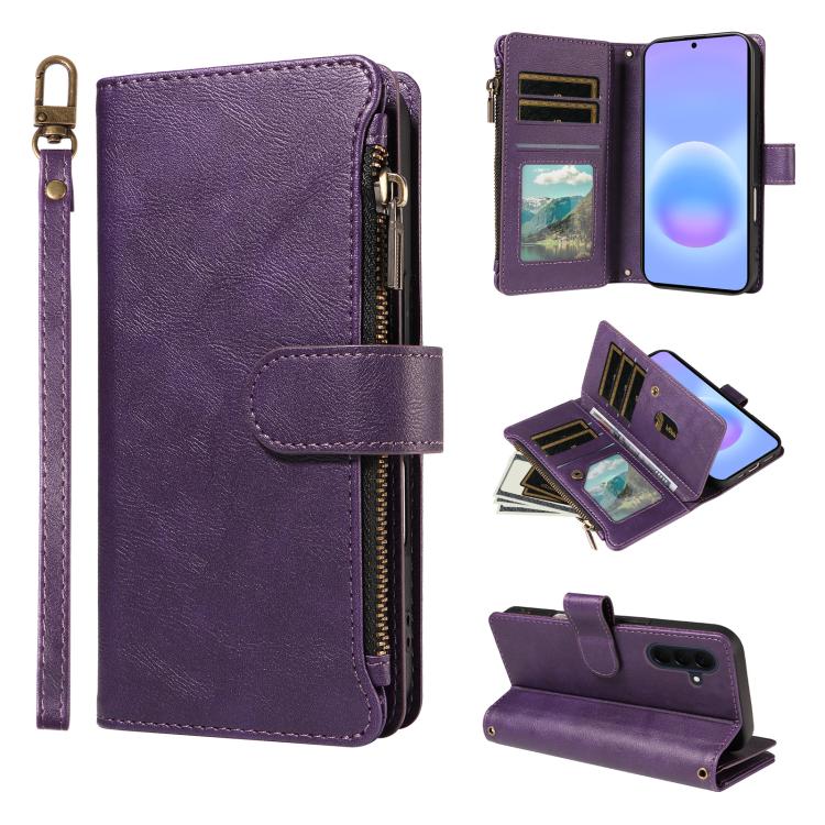 P03 Custodia per telefono in similpelle di vitello con 9 scomparti per carte, chiusura a cerniera e cinturino da polso, For Galaxy A57 5G, For Galaxy A37 5G, For Galaxy A27 5G, For Galaxy A07 5G / A06 5G / 4G