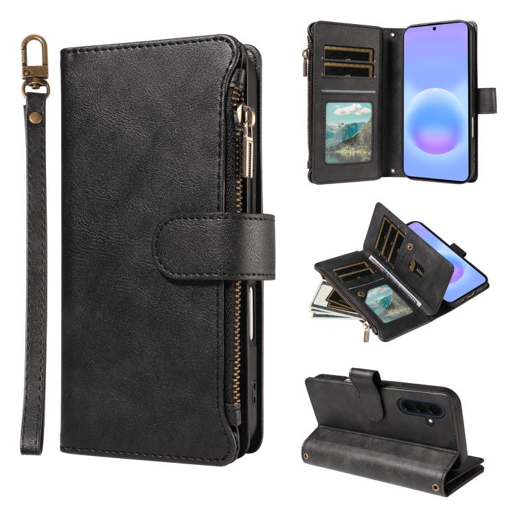 P03 Custodia per telefono in similpelle di vitello con 9 scomparti per carte, chiusura a cerniera e cinturino da polso, For Galaxy A57 5G, For Galaxy A37 5G, For Galaxy A27 5G, For Galaxy A07 5G / A06 5G / 4G