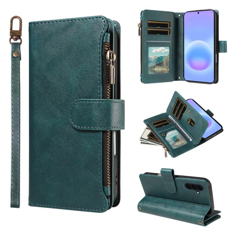 P03 Custodia per telefono in similpelle di vitello con 9 scomparti per carte, chiusura a cerniera e cinturino da polso, For Galaxy A57 5G, For Galaxy A37 5G, For Galaxy A27 5G, For Galaxy A07 5G / A06 5G / 4G