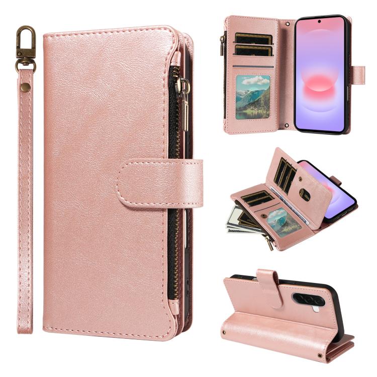 P03 Custodia per telefono in similpelle di vitello con 9 scomparti per carte, chiusura a cerniera e cinturino da polso, For Galaxy A57 5G, For Galaxy A37 5G, For Galaxy A27 5G, For Galaxy A07 5G / A06 5G / 4G