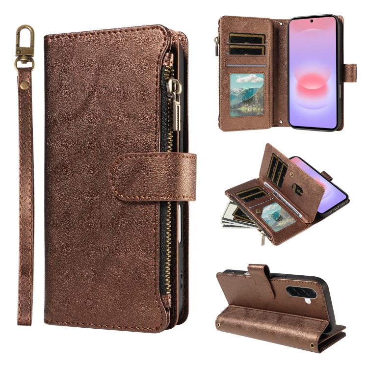 P03 Custodia per telefono in similpelle di vitello con 9 scomparti per carte, chiusura a cerniera e cinturino da polso, For Galaxy A57 5G, For Galaxy A37 5G, For Galaxy A27 5G, For Galaxy A07 5G / A06 5G / 4G