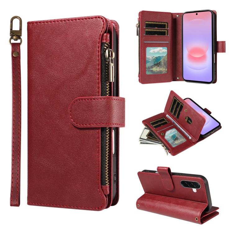 P03 Custodia per telefono in similpelle di vitello con 9 scomparti per carte, chiusura a cerniera e cinturino da polso, For Galaxy A57 5G, For Galaxy A37 5G, For Galaxy A27 5G, For Galaxy A07 5G / A06 5G / 4G