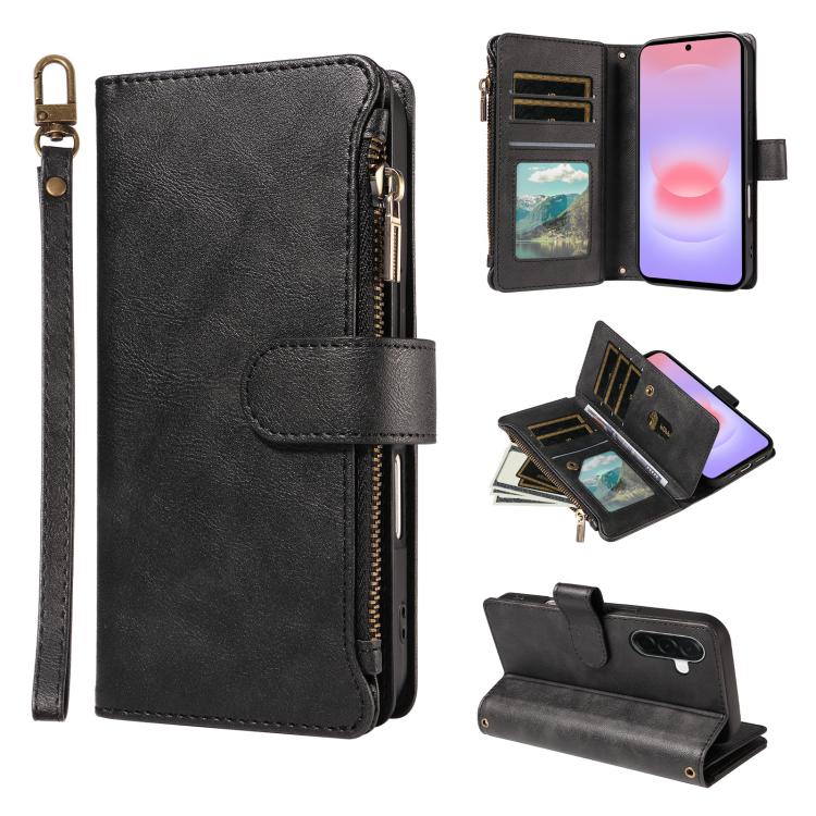 P03 Custodia per telefono in similpelle di vitello con 9 scomparti per carte, chiusura a cerniera e cinturino da polso, For Galaxy A57 5G, For Galaxy A37 5G, For Galaxy A27 5G, For Galaxy A07 5G / A06 5G / 4G