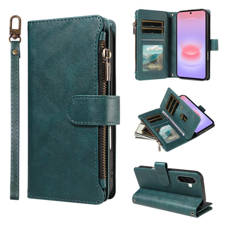 P03 Custodia per telefono in similpelle di vitello con 9 scomparti per carte, chiusura a cerniera e cinturino da polso, For Galaxy A57 5G, For Galaxy A37 5G, For Galaxy A27 5G, For Galaxy A07 5G / A06 5G / 4G