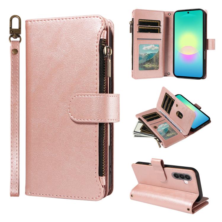 P03 Custodia per telefono in similpelle di vitello con 9 scomparti per carte, chiusura a cerniera e cinturino da polso, For Galaxy A57 5G, For Galaxy A37 5G, For Galaxy A27 5G, For Galaxy A07 5G / A06 5G / 4G