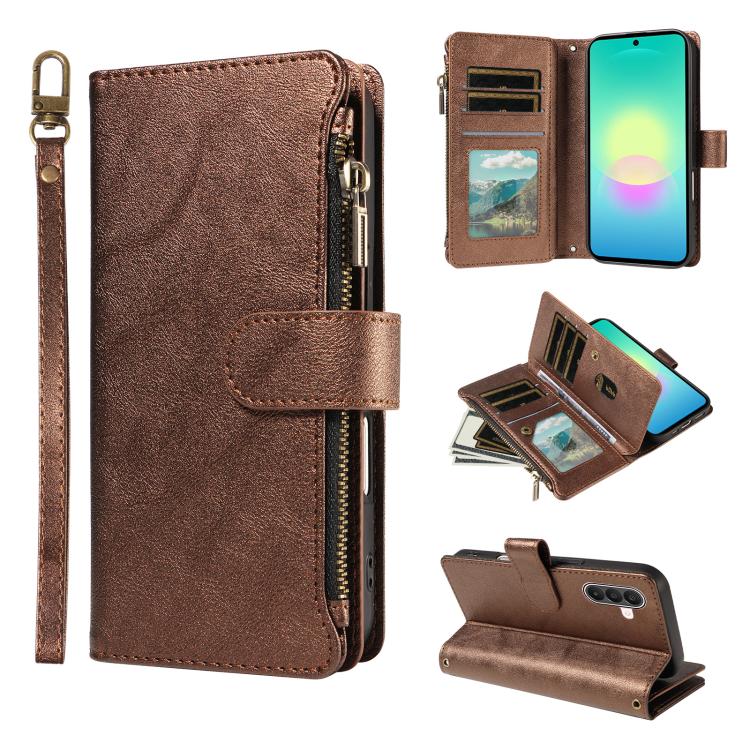 P03 Custodia per telefono in similpelle di vitello con 9 scomparti per carte, chiusura a cerniera e cinturino da polso, For Galaxy A57 5G, For Galaxy A37 5G, For Galaxy A27 5G, For Galaxy A07 5G / A06 5G / 4G
