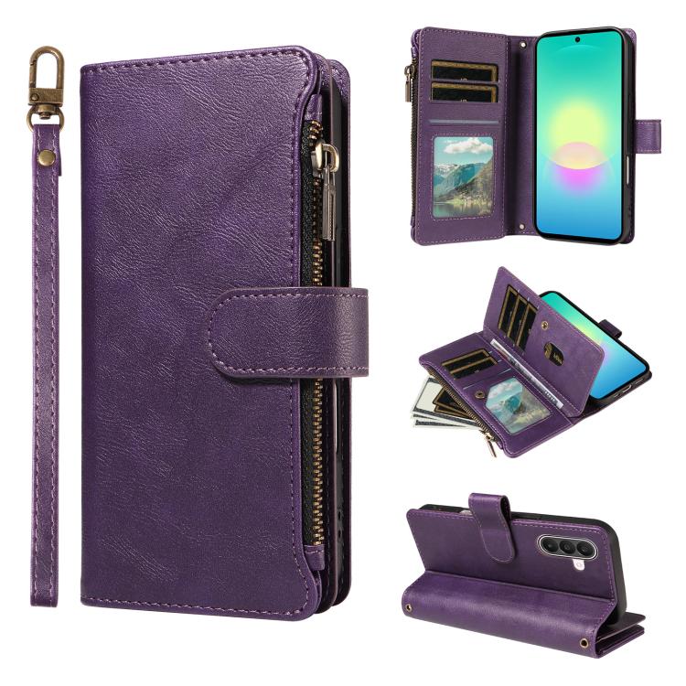 P03 Custodia per telefono in similpelle di vitello con 9 scomparti per carte, chiusura a cerniera e cinturino da polso, For Galaxy A57 5G, For Galaxy A37 5G, For Galaxy A27 5G, For Galaxy A07 5G / A06 5G / 4G