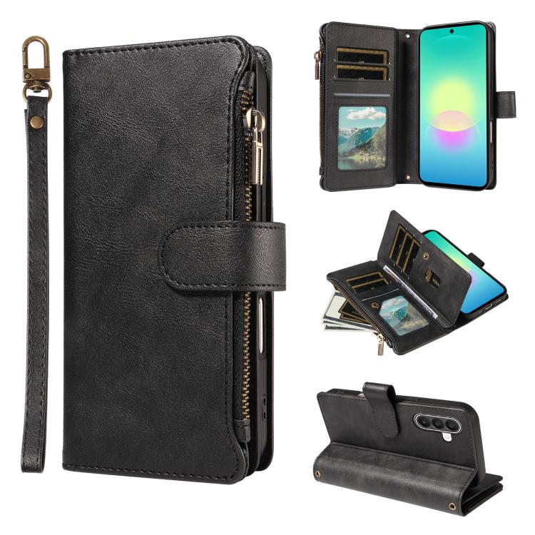P03 Custodia per telefono in similpelle di vitello con 9 scomparti per carte, chiusura a cerniera e cinturino da polso, For Galaxy A57 5G, For Galaxy A37 5G, For Galaxy A27 5G, For Galaxy A07 5G / A06 5G / 4G