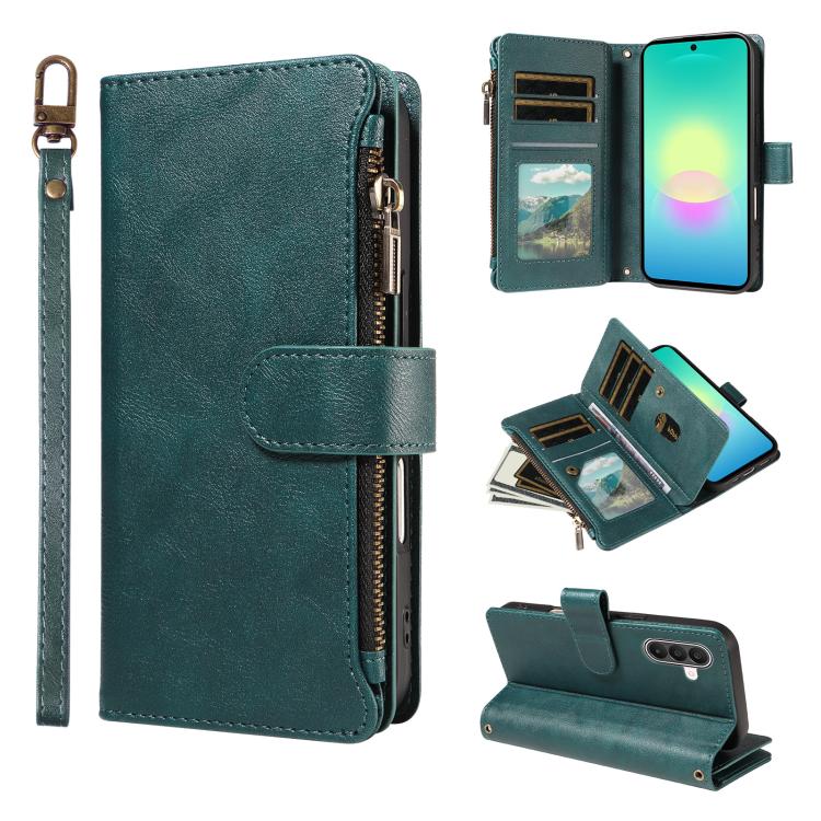 P03 Custodia per telefono in similpelle di vitello con 9 scomparti per carte, chiusura a cerniera e cinturino da polso, For Galaxy A57 5G, For Galaxy A37 5G, For Galaxy A27 5G, For Galaxy A07 5G / A06 5G / 4G