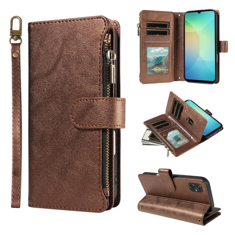 P03 Custodia per telefono in similpelle di vitello con 9 scomparti per carte, chiusura a cerniera e cinturino da polso, For Galaxy A57 5G, For Galaxy A37 5G, For Galaxy A27 5G, For Galaxy A07 5G / A06 5G / 4G