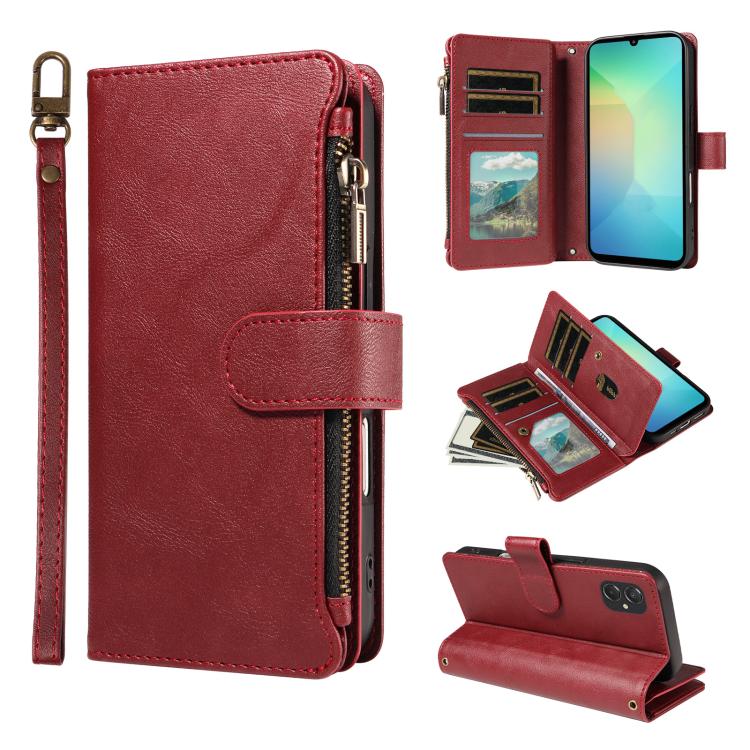 P03 Custodia per telefono in similpelle di vitello con 9 scomparti per carte, chiusura a cerniera e cinturino da polso, For Galaxy A57 5G, For Galaxy A37 5G, For Galaxy A27 5G, For Galaxy A07 5G / A06 5G / 4G