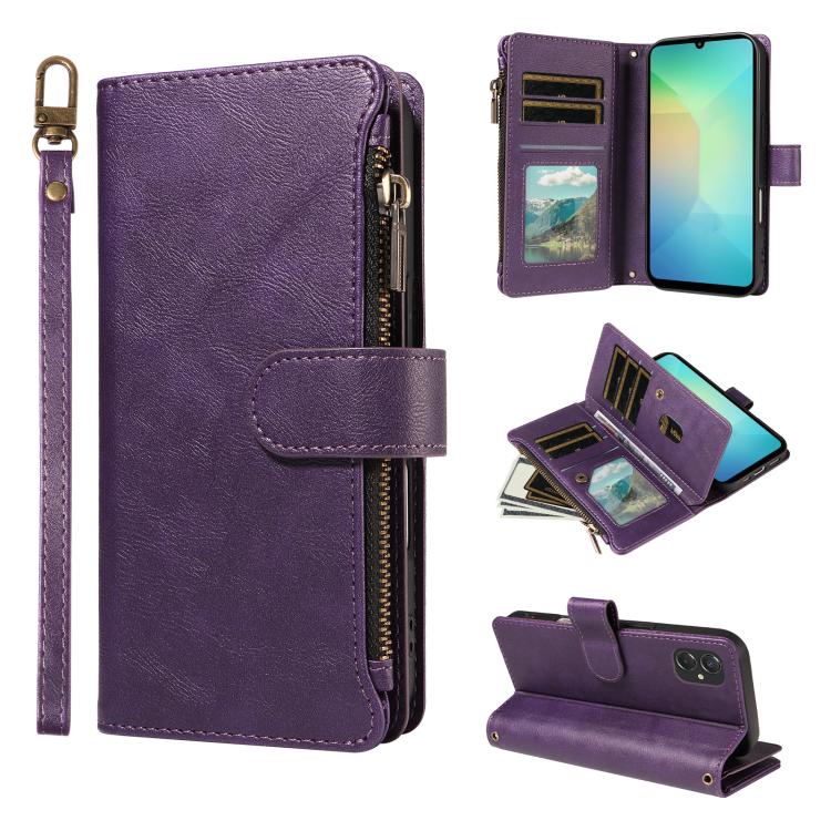 P03 Custodia per telefono in similpelle di vitello con 9 scomparti per carte, chiusura a cerniera e cinturino da polso, For Galaxy A57 5G, For Galaxy A37 5G, For Galaxy A27 5G, For Galaxy A07 5G / A06 5G / 4G